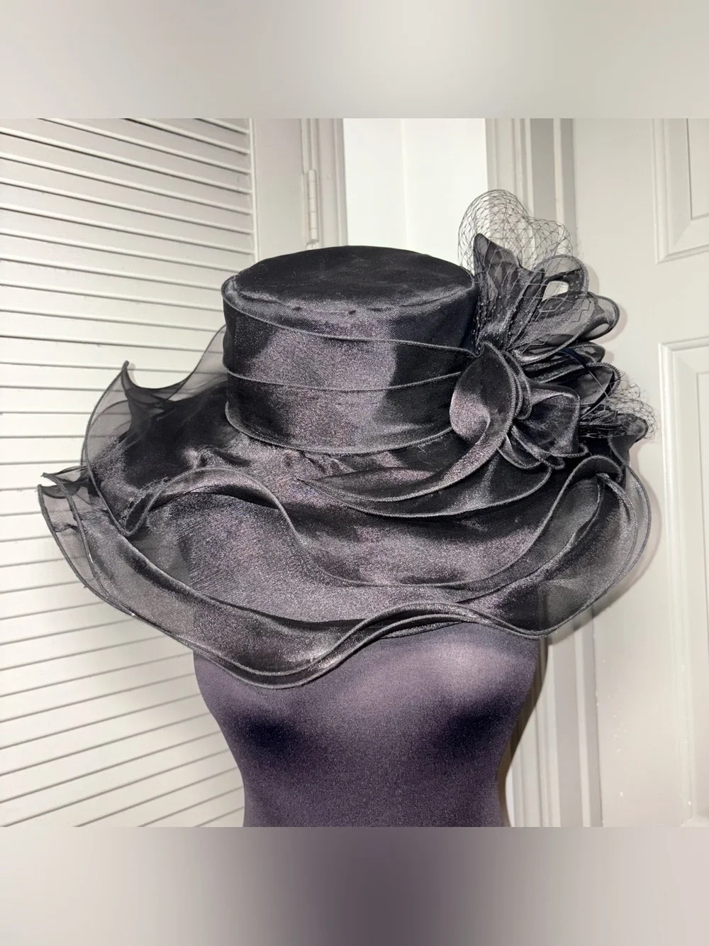 Dramatic Black Organza Floral Wide-Brim Occasion Hat